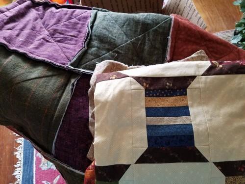 The next box had two quilts too. The box says SOMMA on it and come from Pepperella, MA. In the box were a spool quilt that I love and a rag quilt. The rag part needs to be trimmed yet.