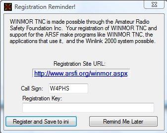 WINMOR TNC Registration Each time you start a session, you will see a reminder screen that looks like this: This is a reminder that you should register your copy of the WINMOR TNC.
