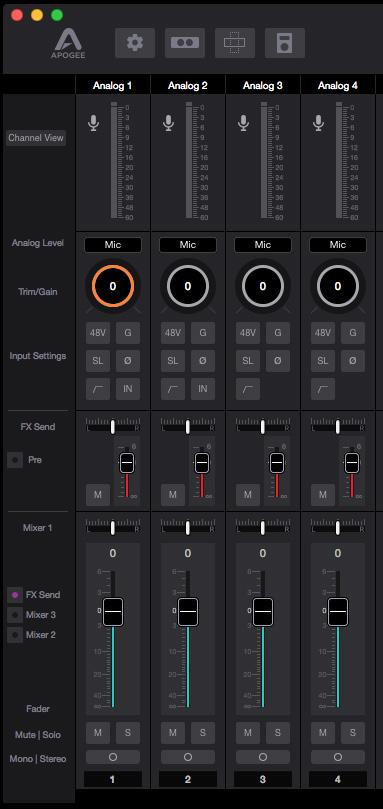Using Apogee Control s Mixer 1 for Direct Monitoring (Cont d) You can control the amount of input signal verses software playback volume heard using the Mixer controls: 5.