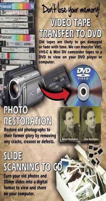 VIDEO TAPE TRANSFER TO DVD Duration of Tape 60 minutes 90 minutes 180 minutes Additional copies Cover Artwork & CD Label Prices includes supply of DVD. Discount for multiple tapes. Prices include VAT.