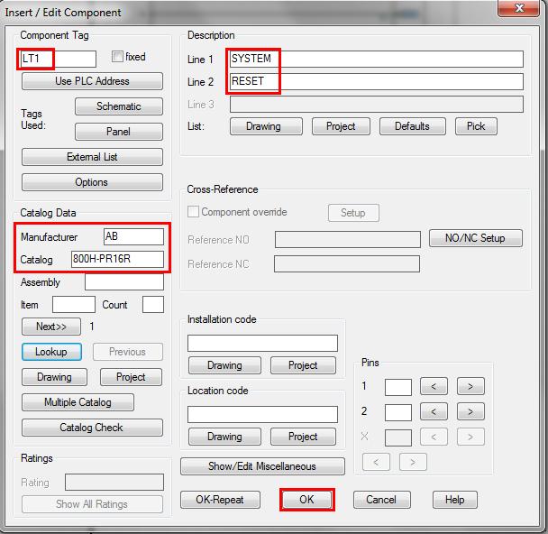 Select OK in the Insert/Edit Component dialog box after verifying you have the description and catalog data areas filled in.