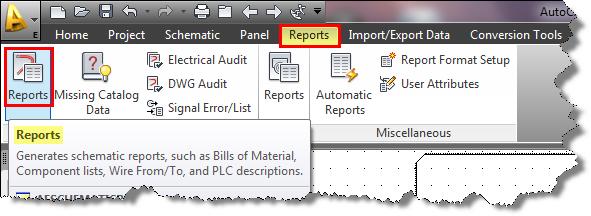 The report tools are located on the Report ribbon. You are on a schematic drawing so make sure you select the Reports tool located in the Schematic section.