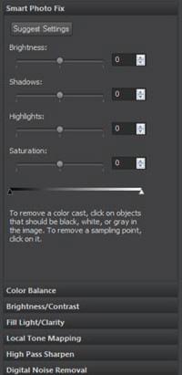 The Basics FIG 1.8 The Adjust palette toolbar (left to right): Crop tool, Straighten tool, Red-eye tool, Makeover tool, and Clone brush. Below the Adjust palette toolbar is the Smart Photo Fix panel.