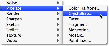 Go to Filter > Pixelate > Crystallize. This brings up the Crystallize filter dialog box.