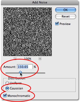The Add Noise filter dialog box in Photoshop.