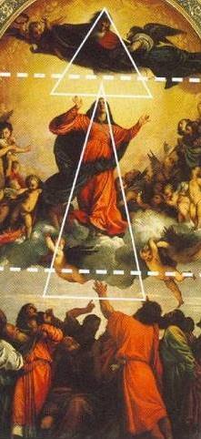 Line Analysis of Titian s work: Titian ties together the three separate areas of the piece: God the Father above, the Virgin Mary in the middle, and the Apostles below, by implied lines