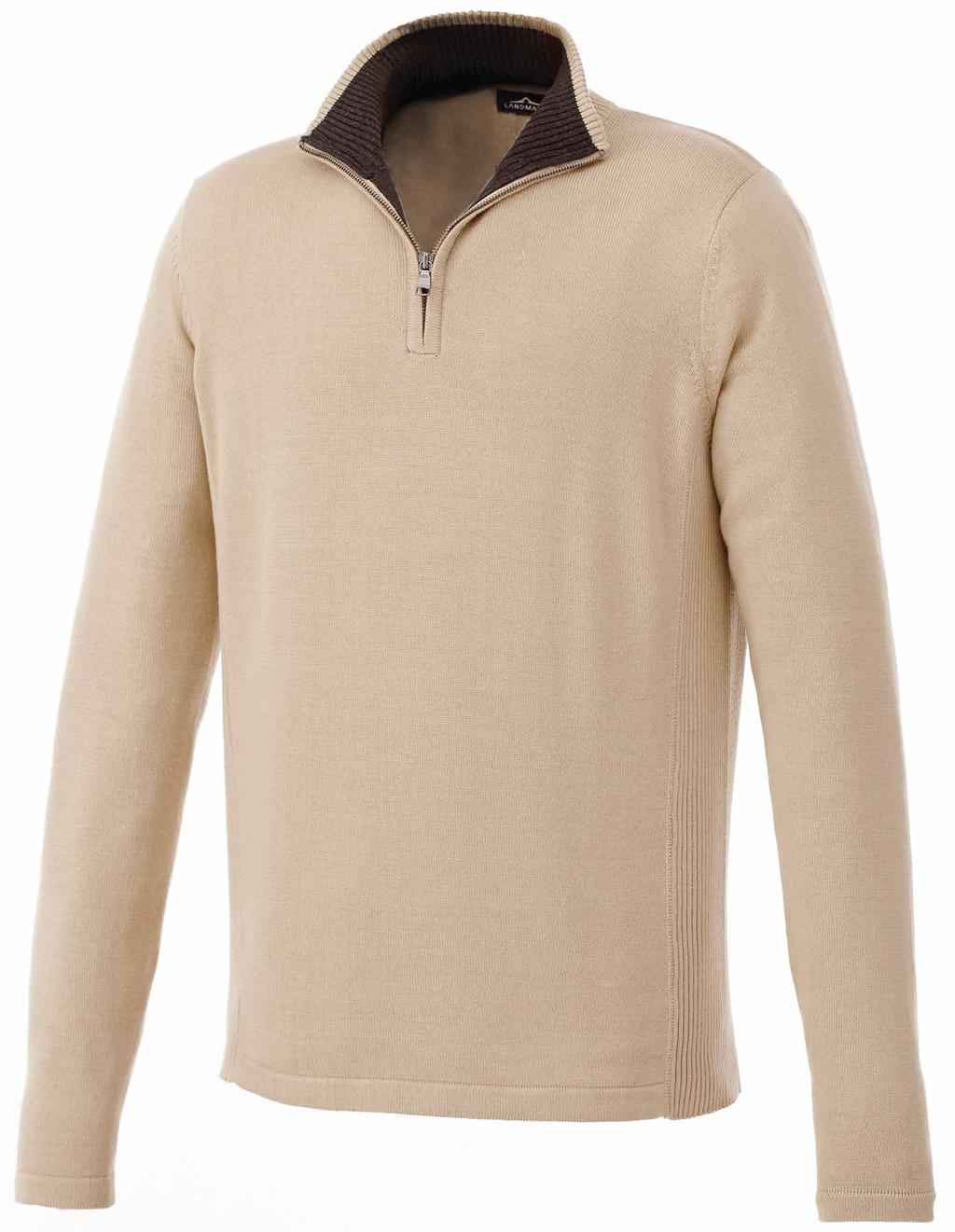 A classically styled sweater with ribbed knit collar and side panels.