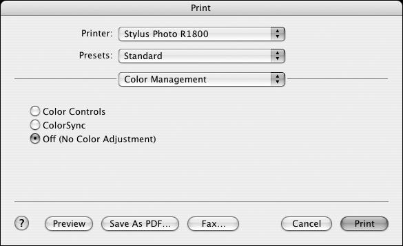 Select Color Management from the pop-up menu. 16. Click Off (No Color Adjustment). IMPORTANT!