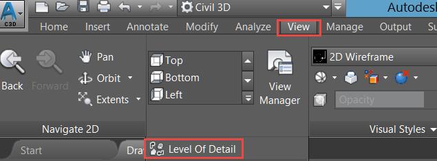 Level of Detail As you zoom out, the displayed amount of drawing data decreases. Reducing the level of detail improves AutoCAD Civil 3D performance.