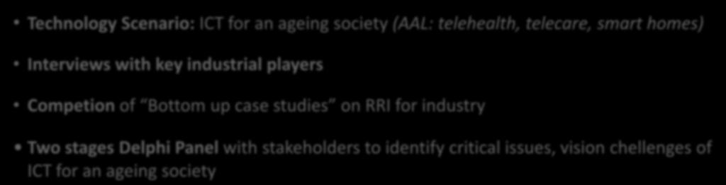 Responsible Industry 2014 Highlights Technology Scenario: ICT for an ageing society (AAL: telehealth, telecare, smart homes) Interviews with key industrial players Competion of Bottom up case studies