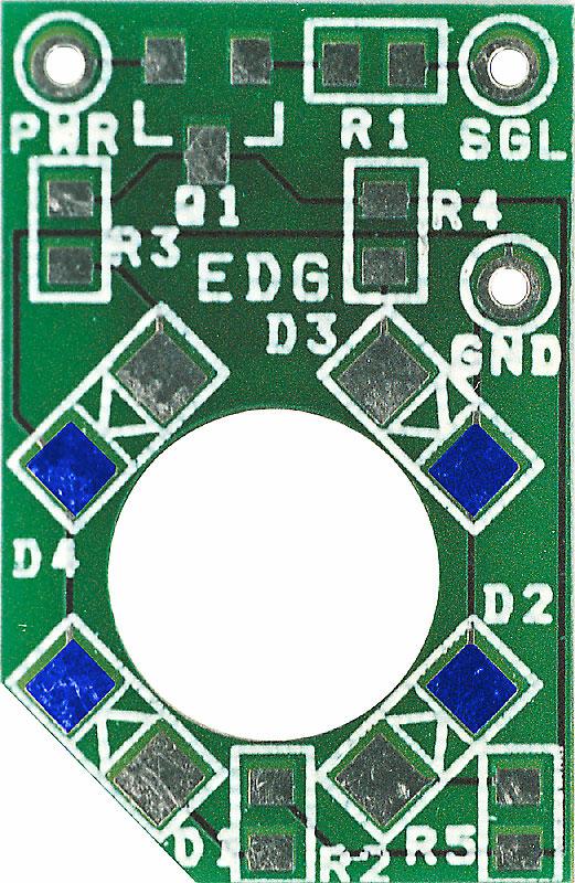 12 Bare LED PCB Assembled LED PCB Finally, attach the hookup wire: - Solder a 6.25 inch (15.9 cm) piece of the included hookup wire to the hole labeled SGL. - Solder a 2 inch (5.