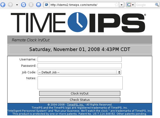 <IPSREM> Clocking from your computer: You will see a screen similar to this: Our TimeIPS system allows you to clock in and out right from your PC.