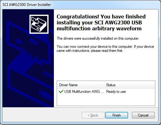 After the driver installation, the AWG2300 connected to the PC now shows in the Device Manager as "SCI AWG2300 USB Communication Port (COMx)".