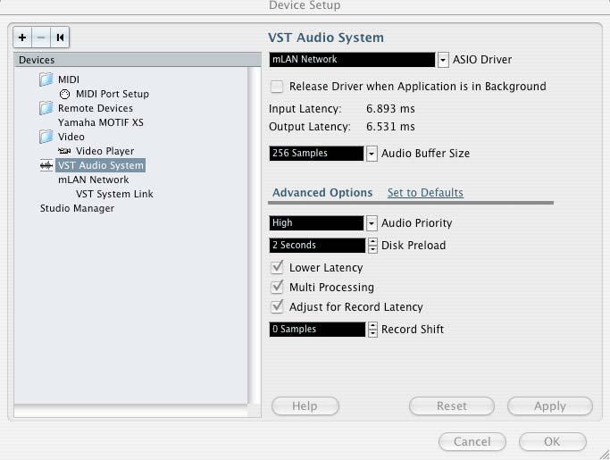 Below is how you will want to set your VST Audio System. The mlan network is also your audio interface when using the firewire out.