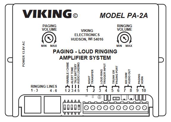 8301 Installation Example with Viking PA-2A Set DIP switch #4 for TALK BATTERY to the OFF position on the PA-2A to prevent damaging the SIP
