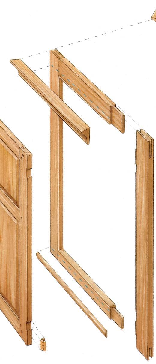 thick, beveled to fit groove Face-frame top rail, 3 in. wide by 2 3 8 in. long Dadoes, 4 in. deep by 7 6 in. wide Shelves, 7 6 in. thick Crown molding 3 8 in.