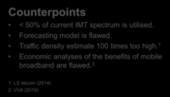 AI 1.1 Terrestrial Mobile broadband C-band (1) Claim Growth in IMT systems demands more spectrum. Counterpoints < 50% of current IMT spectrum is utilised.
