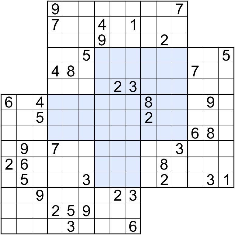 12. Treble (27 points) Apply Classic Sudoku rules. Additionally, some regions are overlapped among the grids.