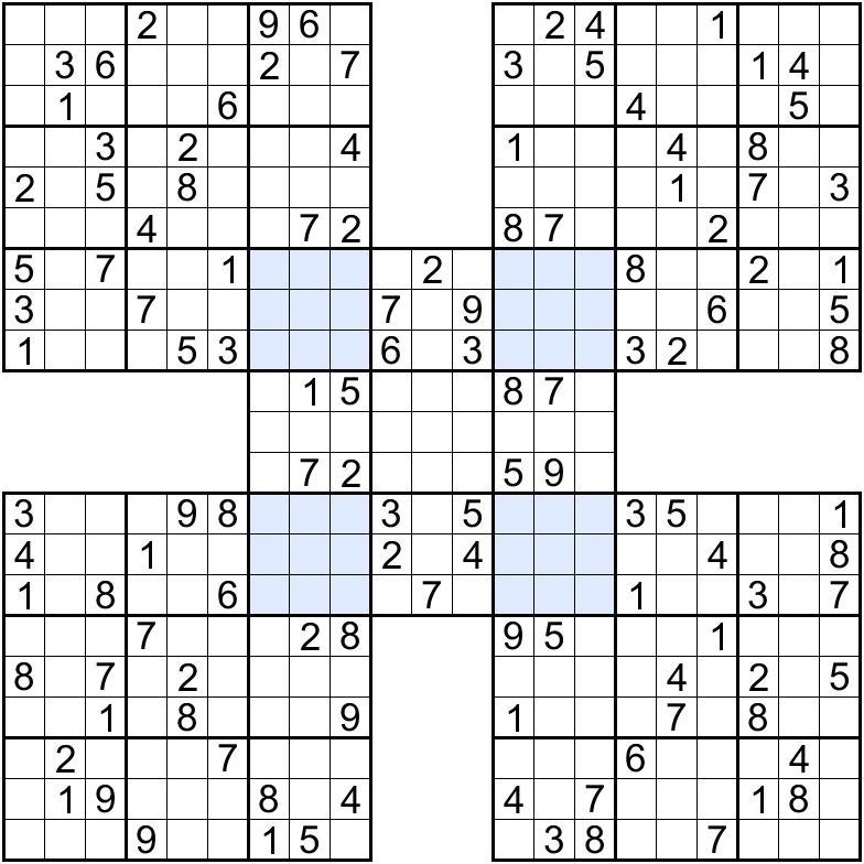13. Samurai (50 points) Apply Classic Sudoku rules. Additionally, some regions are overlapped among the grids.