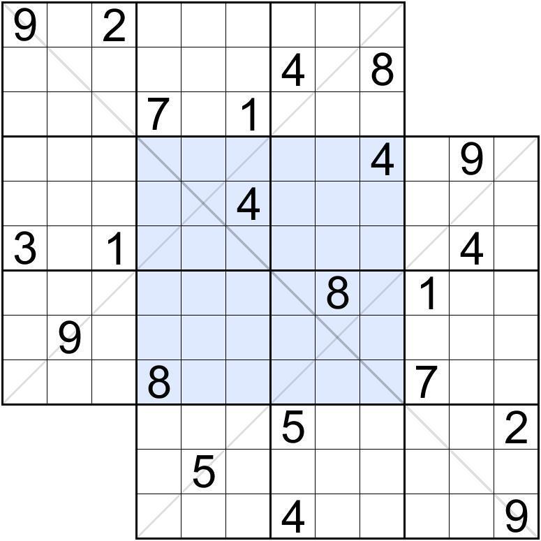 7. Diagonal (12 points) Apply Classic Sudoku rules. Additionally, some regions are overlapped among the grids.