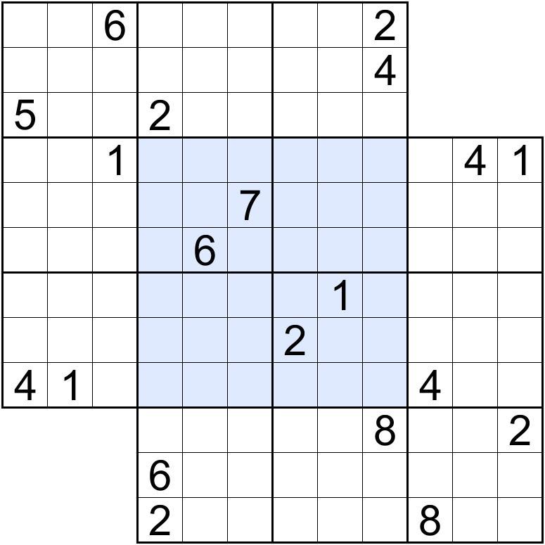 9. Non-consecutive (15 points) Apply Classic Sudoku rules. Additionally, some regions are overlapped among the grids.