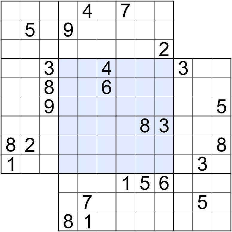 11. No Touch (17 points) Apply Classic Sudoku rules. Additionally, some regions are overlapped among the grids.