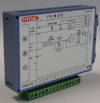 Digital amplifier for proportional valves PEM XD FEATURES - Amplifier for cap rail mounting according to DIN EN 50022 - Control of 2 coils in open loop, or 2 proportional valves with 1 coil in open