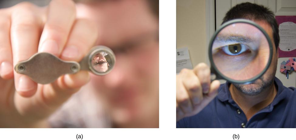 OpenStax-CNX module: m58530 4 Figure : (a) When a converging lens is held farther than one focal length from the man's face, an inverted image is formed.