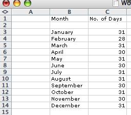 Next, enter the number of days for each month starting in cell C3. (Youʼll have to type this information by hand!) You can assume that February will have 28 days.