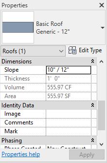 12 If you would like to change the height of the roof, you can change the first number in the Slope dimension under the Properties tab.