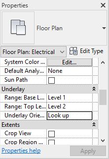 20 Then, go back to the Electrical 1 floor plan and go to the Properties tab. Change the Range: Base Level from None to Level 1 and change the Underlay Orientation to Look up.