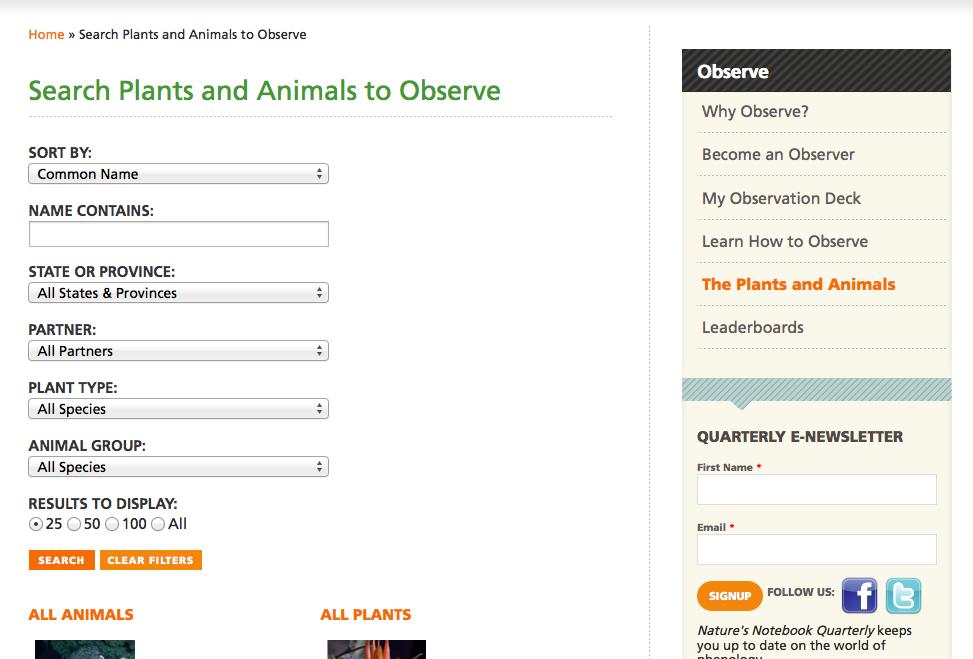 From The Plants and Animals you can enter a species of your choice and search for its availability in the system.