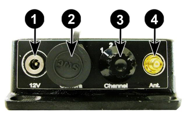 1.2 Waterproof Transmitter (P/N: WPTX) 1. Power In 2. AgCam/EnduraCam camera input 3. Channel Select 4.