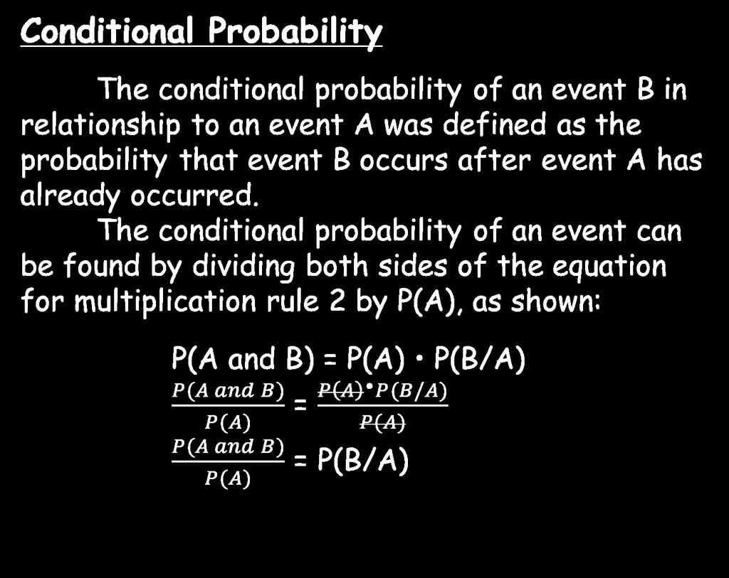 Conditional Probability The conditional probability of an event B in relationship to an event A was defined as the probability that event B occurs after event A has already
