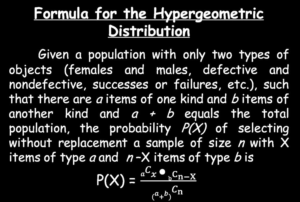 Formula for the Hypergeometric Distribution Given a population with only two types of objects (females and males, defective and nondefective, successes or failures, etc.