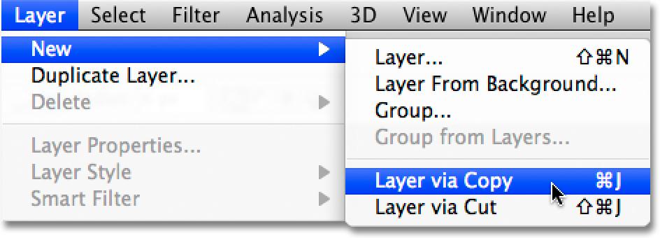 Step 2: Copy The Highlights To A New Layer With the highlights selected, go up to the Layer menu in the Menu Bar, choose New, and then choose Layer via Copy: Go to Layer > New > Layer via Copy.