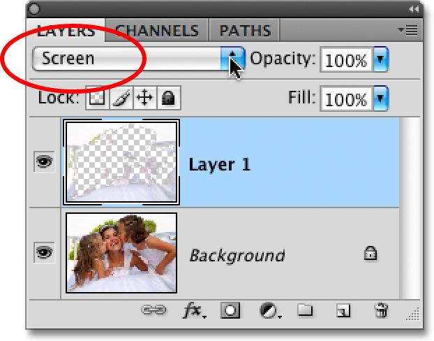 Step 3: Change The Blend Mode Of Layer 1 To Screen Click once again on the Layer Visibility icon for the Background layer to turn it back on.