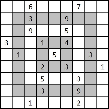 #6: TENS SUDOKU [0 points] once in each row, column and marked 3 3 box. Where a pair of cells with a common edge contain digits summing to 0, both cells are shaded.