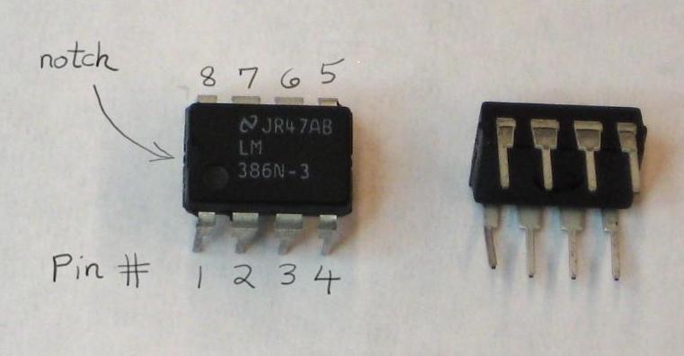 Look closely at the top of the LM386 (point the pins down). There is a notch on one end.