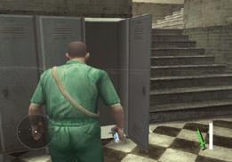 Beyond the doors to your immediate left, a guard stands inside a narrow control booth with
