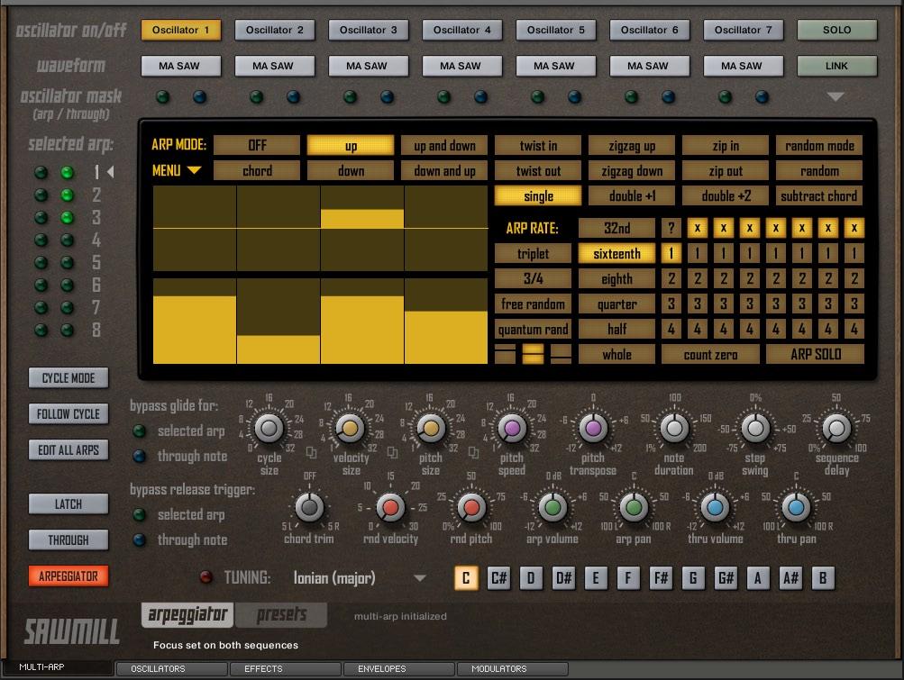 MULTI-ARP Arpeggiator Sawmill has an advanced arpeggiator tagged multi-arp. Multi because it is capable of playing multiple arpeggio patterns originating from a single chord.