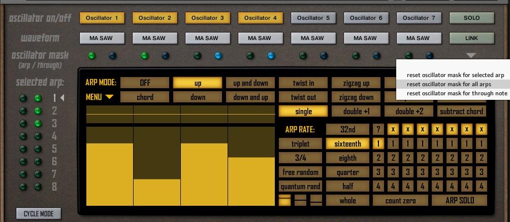 MULTI-ARP Arpeggiator oscillator mask Normally arp notes and through notes play using all active oscillators. However you can limit individual arps and through notes to selected oscillators only.