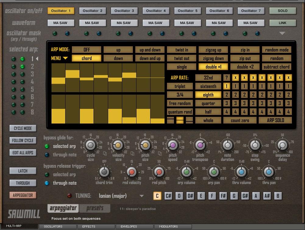 MULTI-ARP Glide and release trigger bypass Arpeggiator can be tweaked to ignore glide and/or release trigger function. Bypass can be set to each arp separately and to through notes.