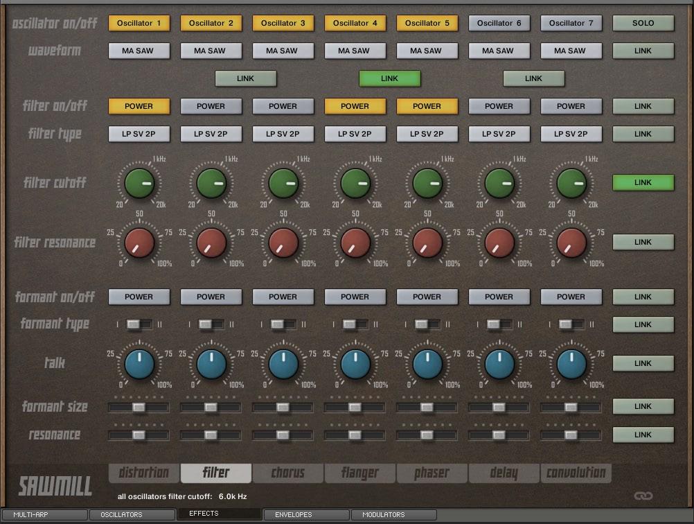 Instrument, s layout As almost every controller is multiplied by 7, controllers had to distributed into numerous tabs grouped into five panels: multi-arp, oscillators, effects, envelopes and