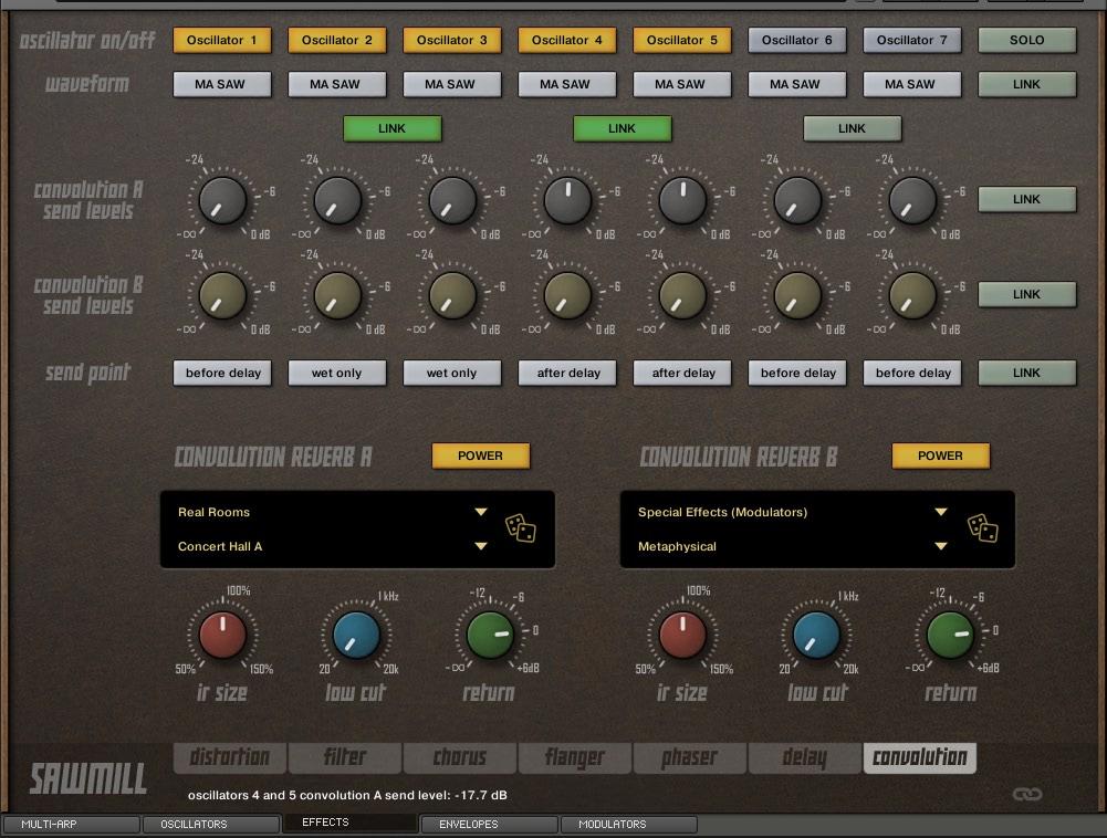 EFFECTS Effects: convolution reverbs Sawmill has two convolution reverb processors. You can configure send levels for each oscillator.