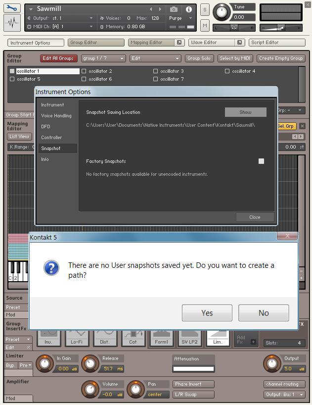 Snapshots Sawmill is using Kontakt s snapshot format for presets. There are over 100 presets included with the instrument, however they need to be installed manually.