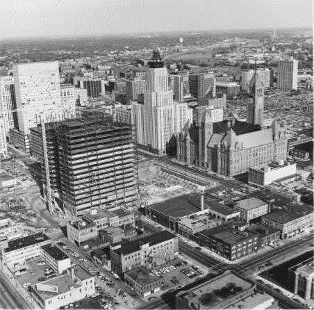 Aerial view of Hennepin County Government Center under construction.