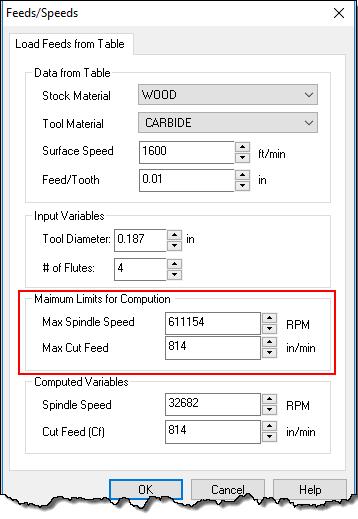 FEEDS/SPEEDS ENHANCEMENTS 2. The Feedrate calculator has been enhanced to add upper limits for RPM and Cut Feed Rate.