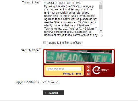Step 3- Agree to the CitySlick Terms of Service and enter the captcha code, then