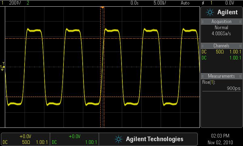 The first oscilloscope has f BW =f Max =100MHz The second oscilloscope has f BW =5f Max =500MHz,
